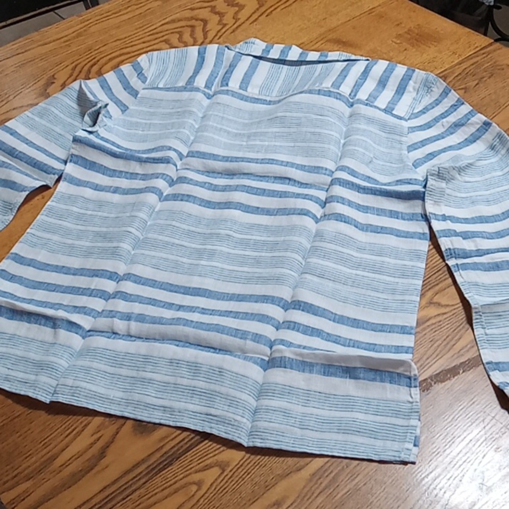 Untuckit Womens LINEN VIETTI NEW Work Shirt 12 Top Blouse STRIPPED BLUE NEW - Picture 5 of 8